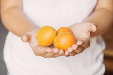 Çocuk elinde olgun parlak sarı kayısı