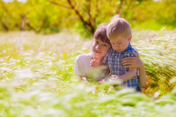 Niño y niña en el campo de verano con flores — Foto de Stock