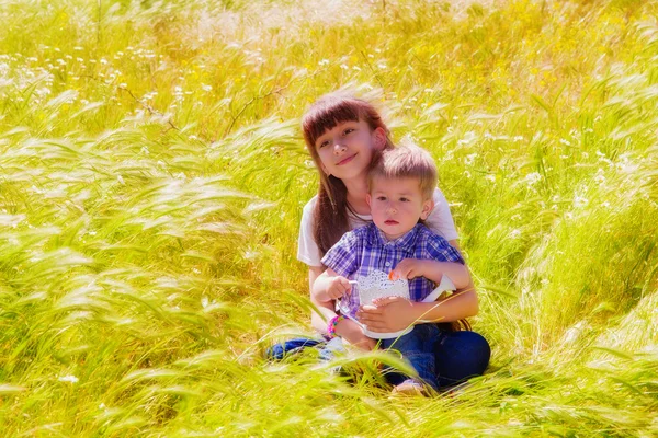 Menino e menina no campo de verão com flores — Fotografia de Stock