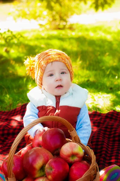 Little boy with apple in autumn — Stock Photo, Image