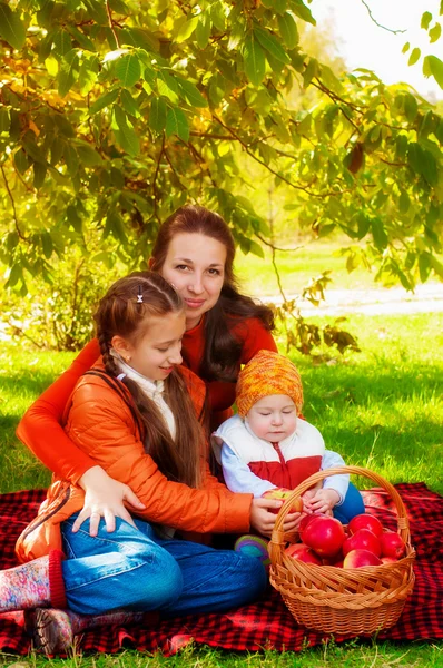 Family with  children in the park in autumn with a basket of apples — Stock Photo, Image