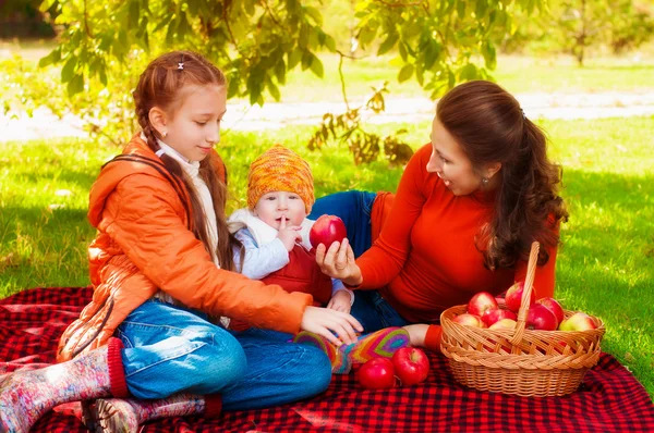 家庭，孩子们在公园里提着一个篮子秋天的苹果 — 图库照片
