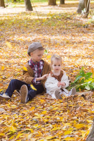 The elder brother and little sister are walking and laughing in the autumn park. Family and Children. Autumn mood