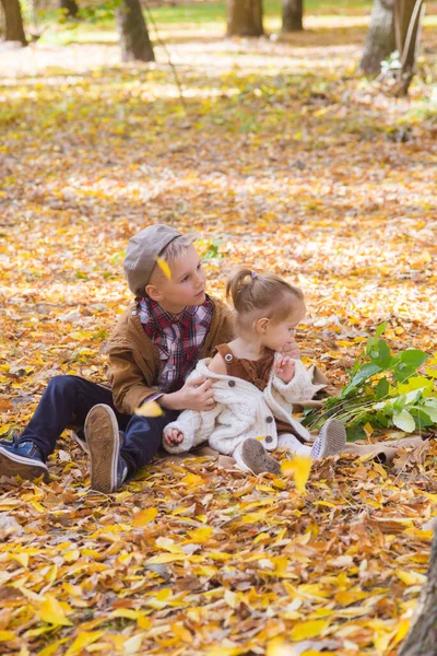 Frère Aîné Petite Sœur Marchent Rient Dans Parc Automne Famille — Photo