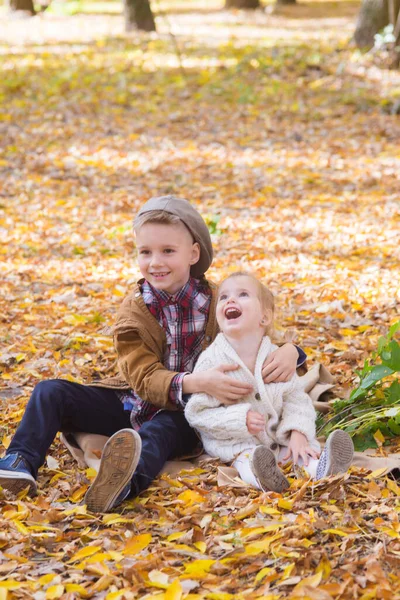여동생은 공원에서 있습니다 가족과 아이들 가을의 — 스톡 사진
