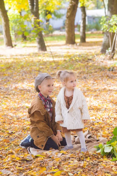 Den Äldre Brodern Och Lillasystern Går Och Skrattar Höstparken Familj — Stockfoto