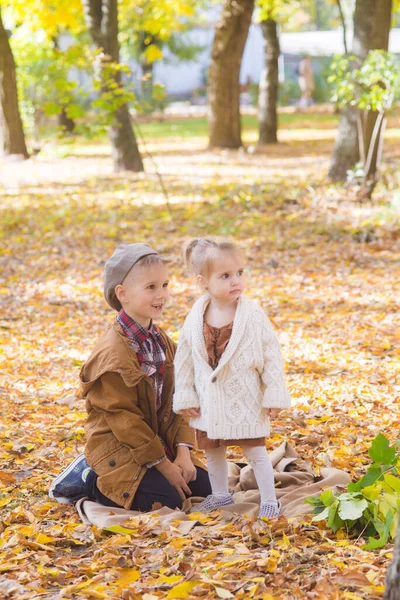 Oudere Broer Zusje Lopen Lachen Het Herfstpark Familie Kinderen Herfst — Stockfoto