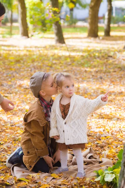 Hermano Mayor Hermana Pequeña Están Caminando Riendo Parque Otoño Familia — Foto de Stock