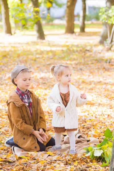 Oudere Broer Zusje Lopen Lachen Het Herfstpark Familie Kinderen Herfst — Stockfoto