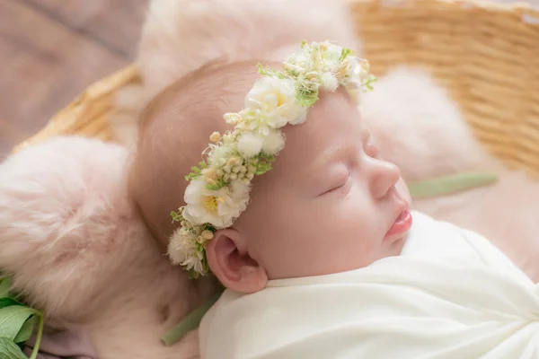 Baby Girl Wicker Basket Vine Decorated Pink Fur Light Winding — Stock Photo, Image