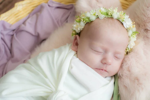 Baby Girl Wicker Basket Vine Decorated Pink Fur Light Winding — Stock Photo, Image