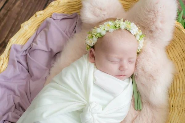 Baby Mädchen Einem Weidenkorb Mit Weinstock Der Mit Rosa Pelz — Stockfoto