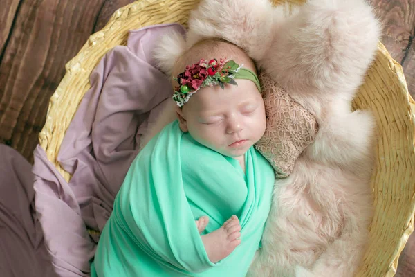 Baby Mädchen Einem Weidenkorb Mit Weinstock Geschmückt Mit Rosa Pelz — Stockfoto