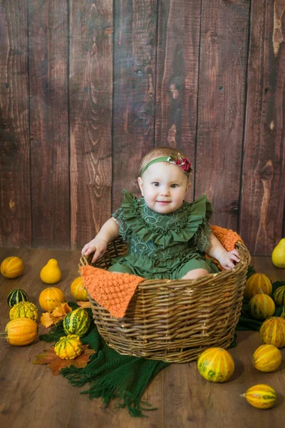 Linda Niña Hasta Año Edad Lindo Vestido Verde Una Corona —  Fotos de Stock