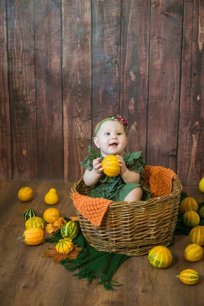 可爱的小女孩 一岁以下 身穿绿色可爱的连衣裙 头戴花环 黄色和橙色的小南瓜 背景是棕色的木制 — 图库照片