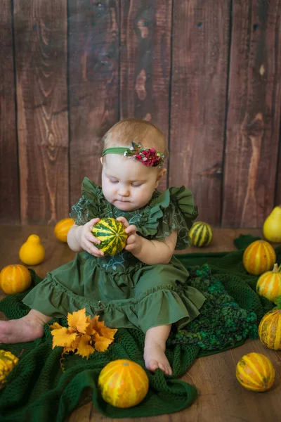 Linda Niña Hasta Año Edad Lindo Vestido Verde Una Corona —  Fotos de Stock