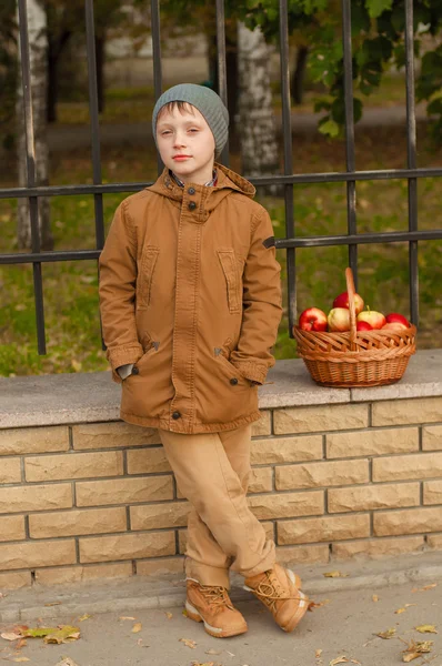 Pojke med en skola ryggsäck med en korg med äpplen — Stockfoto