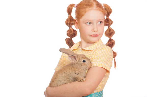 Meisje met een konijn in handen — Stockfoto