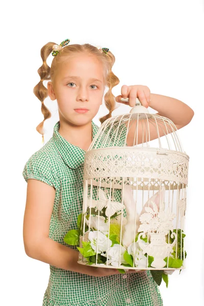 Little girl with a  rabbit in  Ornamental in cell — Stock Photo, Image