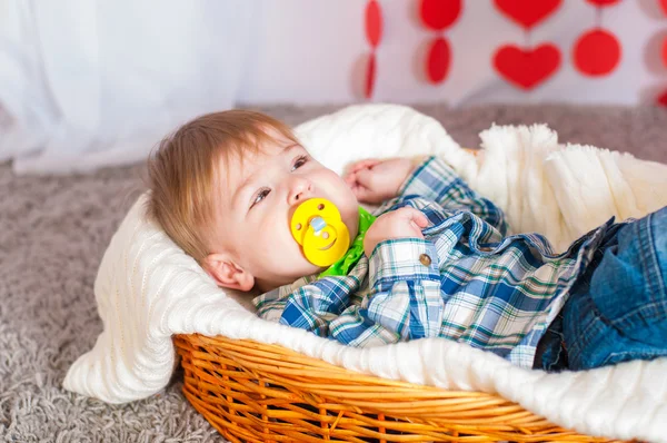 Niño en la pajarita está en la cesta — Foto de Stock