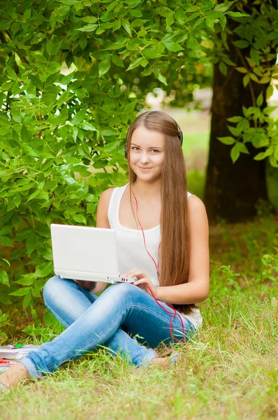 Genç kız ile laptop çimenlerin üzerinde çalışır. — Stok fotoğraf