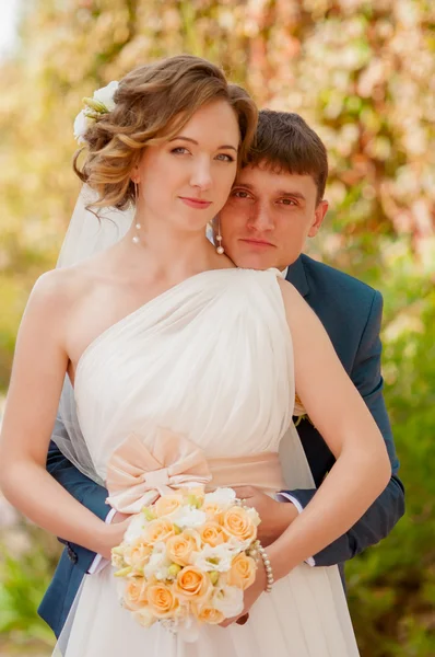 The bride and groom in summer park — Stock Photo, Image