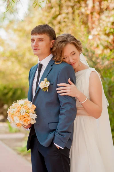 La novia y el novio en el parque de verano — Foto de Stock