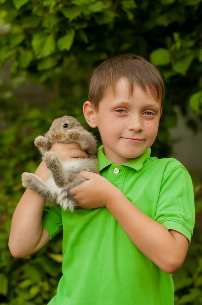 小男孩用一只手中的兔子 — 图库照片