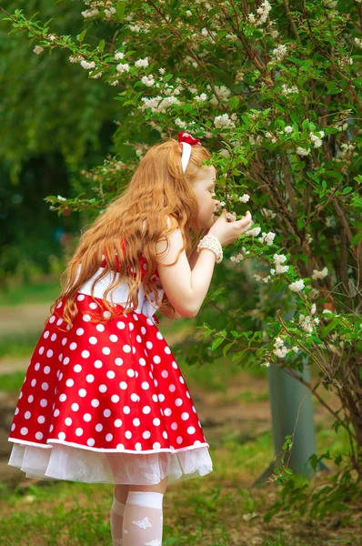 附近一开花灌木穿裙子的女孩 — 图库照片