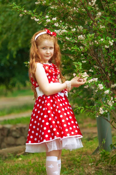 Girl in a dress near a flowering bush — Stock Photo, Image