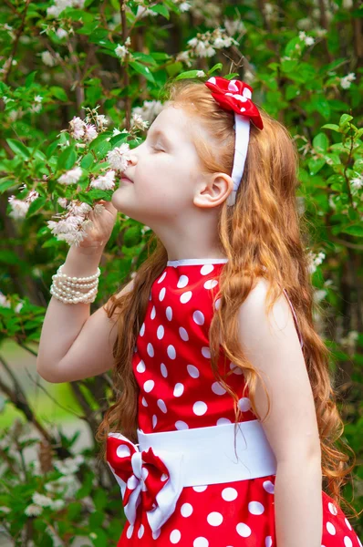 Girl in a dress near a flowering bush — Stock Photo, Image