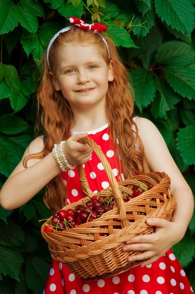 Girl in a dress with a basket of cherries — Stock Photo, Image