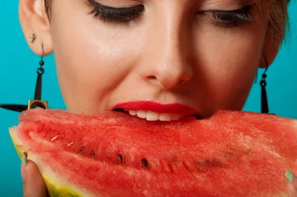 Young beautiful girl with watermelon — Stock Photo, Image