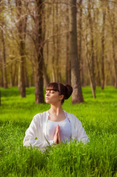 Yeşil çimenlerin üzerinde yoga yaparken genç kız — Stok fotoğraf