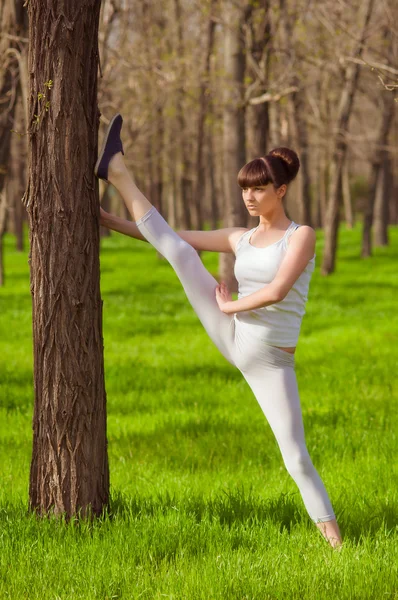 Mladá dívka sportovec dělá, táhnoucí se na stromě v trávě — Stock fotografie