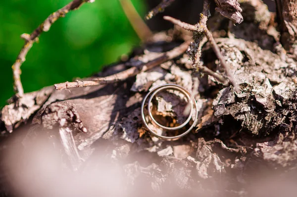 Bouquet nuptial et les mains des mariés — Photo