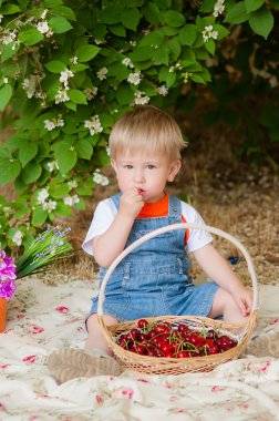 Little boy with a cherry in his hand