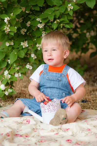 Niño en el verano con fresas — Foto de Stock