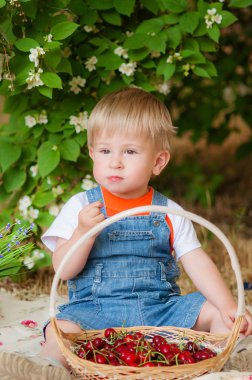 Little boy with a cherry in his hand