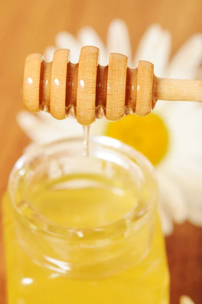 Tarro de miel y una cucharada de miel — Foto de Stock