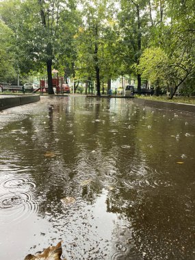 Kaldırımdaki yağmur damlalarıyla ıslanmış kaldırımlar