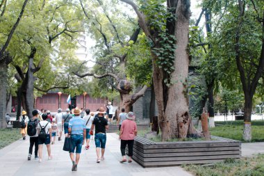 Xi 'an, Çin, 5 Ağustos 2018: Turistler Küçük Vahşi Kaz Pagoda' nın yanındaki parkta yürüyor