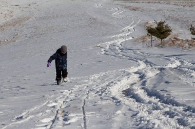Kışın giyinmiş bir çocuk karlı bir tarlada koşar ve arkasından bir kızak çeker. 