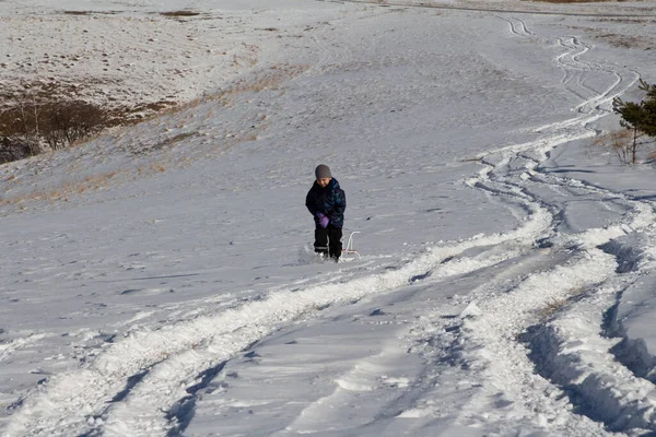 Мальчик Зимней Одежде Бежит Снежному Полю Тянет Собой Сани — стоковое фото