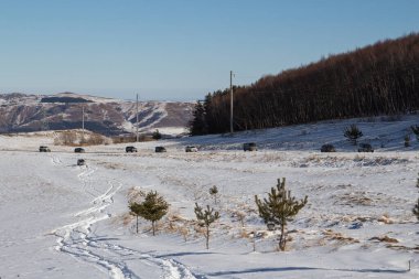 Dağlarda karlı bir yolda giden bir araba dizisi.