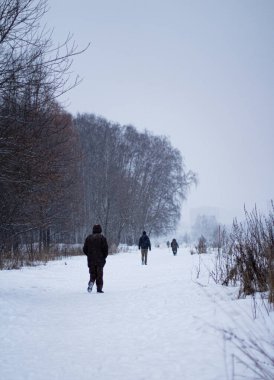 İnsanlar ormanda karlı patika boyunca birer birer yürüyor. 