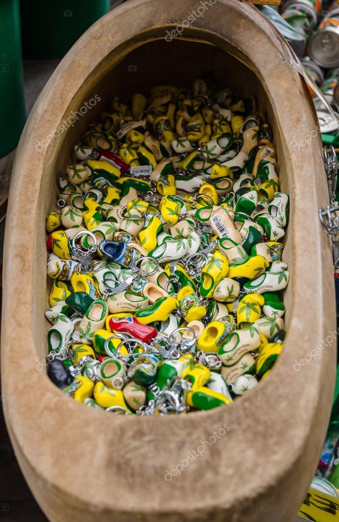 Traditional Dutch clogs wooden shoes in souvenir store Amsterdam