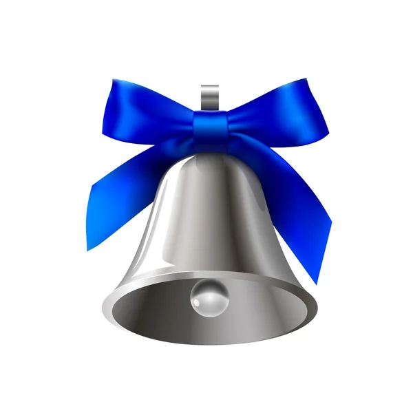 Realistické stříbrný zvonek s modrou mašlí — Stockový vektor