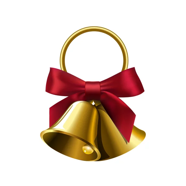 Realistas dos campanas doradas con lazo rojo, en el anillo — Vector de stock