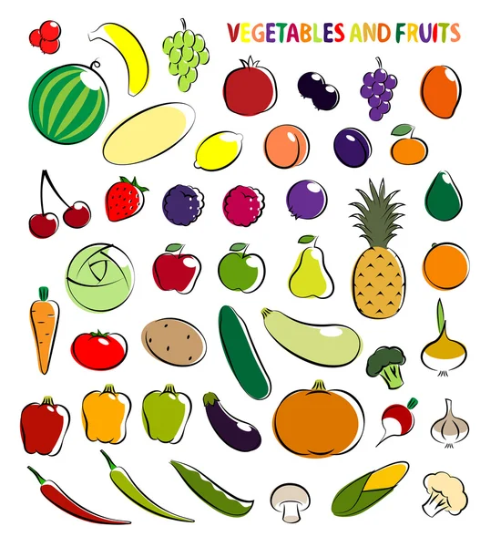 Uppsättning av enkla bilder frukt och grönsaker — Stock vektor